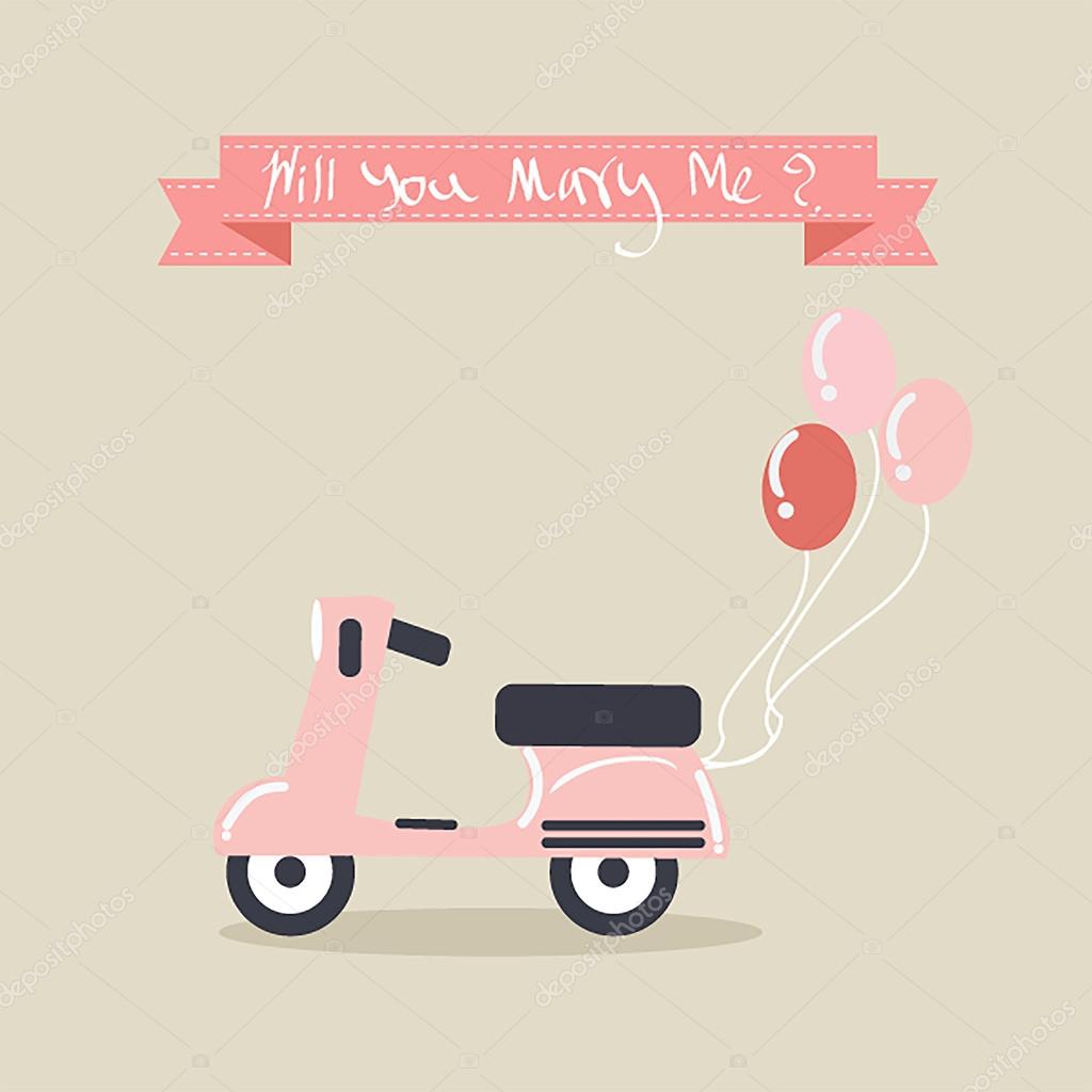 Pink Vintage scooter with balloons for proposal of marriage. — Stock