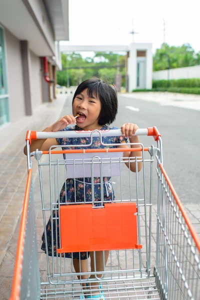 Girl with shopping cart. — Stock Photo, Image