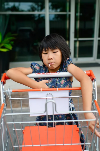Girl with shopping cart. — Stock Photo, Image