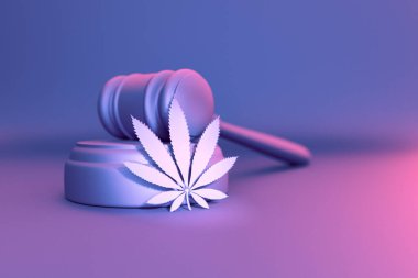 Kenevir yaprağı hakimin çekici, marihuana yasallaştırması veya yasak konsepti, soyut mavi ve kırmızı arkaplan, tonlu neon 3D renkte.