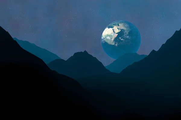 stock image View of the planet earth from an unknown planet.Mountain landscape. Futuristic fantastic image.Elements of this image are furnished by NASA.3D rendering.