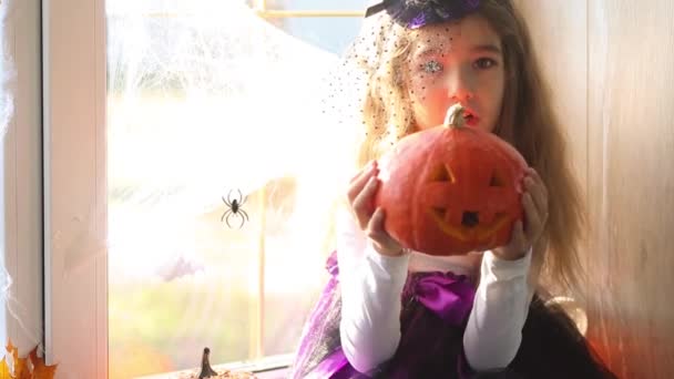 Dívka Kostýmu Čarodějnice Parapetu Okna Halloweenské Párty Zdobí Pavučiny Netopýry — Stock video