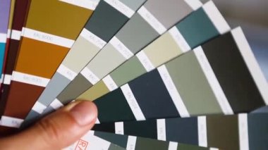 Paletin dekoratif ev onarımı için RAL 'in planlarıyla birlikte boya renginin seçimi. Evin içinde elinde bir güneş gözlüğü fanı var. Tamir ve inşaat, boya ve vernik kaplama