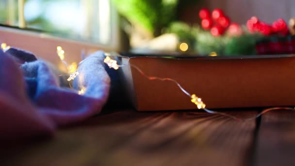 Decoração Natal Recipientes Serviço Entrega Alimentos Mãos São Tiradas Colocadas — Vídeo de Stock