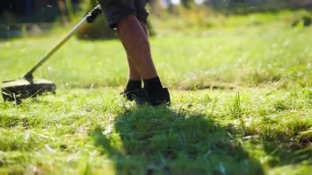 Man Mows Grass Lawn Yard Trimmer Yard Care Suburbs Rural — Stock Video