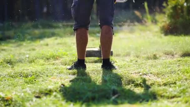 一个人在院子里的草坪上用修剪器割草 郊区和农村地区的庭院护理 — 图库视频影像