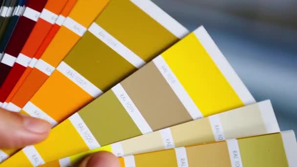 选择油漆的颜色 用于装饰家居修理的调色板与布局的布局 在家里 你手里拿着一把遮阳扇 修理和建筑 油漆和清漆涂层 — 图库视频影像
