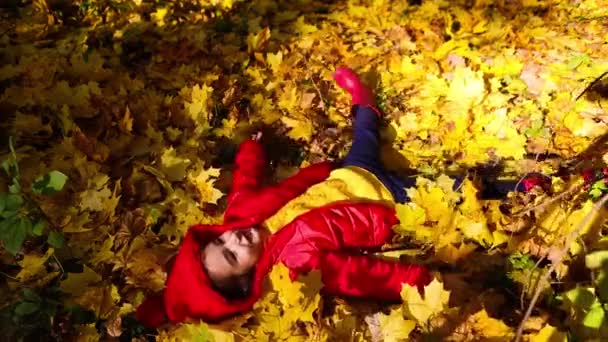 자켓을 모자를 황금빛 숲에서 가을에 낙엽을 아이는 나뭇잎을 가지고 놀이를 — 비디오