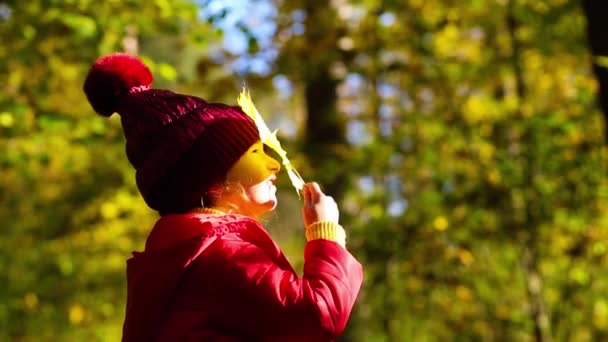 Sonbaharda Altın Ormanda Kırmızı Ceketli Şapkalı Bir Kız Sarı Yapraklarla — Stok video