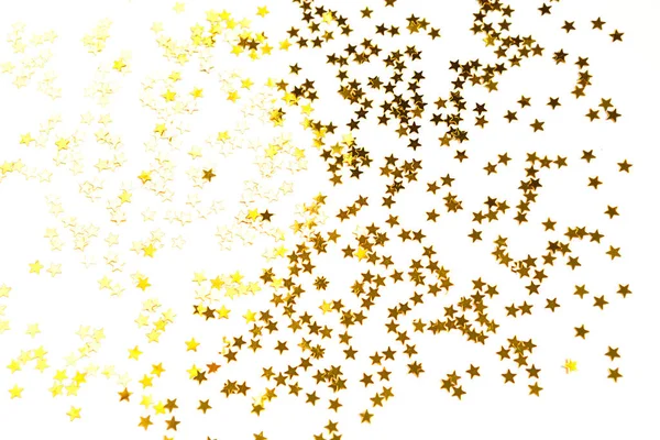 Lantejoulas Douradas Forma Estrelas Brilham Sobre Fundo Branco Fundos Com — Fotografia de Stock