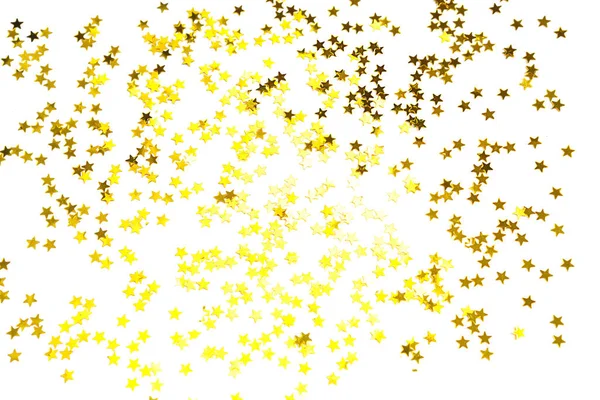 Lantejoulas Douradas Forma Estrelas Brilham Sobre Fundo Branco Fundos Com — Fotografia de Stock