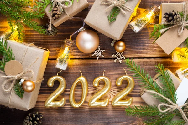 Számok Gyertyák 2022 Egy Háttér Tündér Fények Ajándékdoboz Környezetbarát Karácsonyi — Stock Fotó