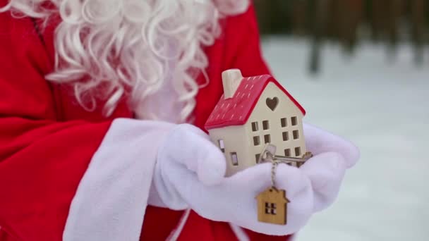 Anahtarlık Kulübesi Olan Anahtarı Dışarıda Karda Noel Baba Nın Elinde — Stok video