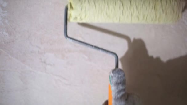 Applying Liquid Primer Coating Construction Roller Preparation Finishing Walls House — Vídeo de Stock