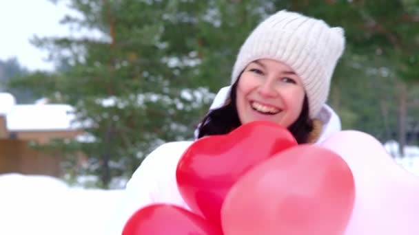 Happy Woman Heart Shaped Balloons Outdoor Winter Snow Valentine Day — Stock Video