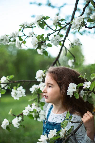 春に咲く白いリンゴ園で5歳のかわいい女の子 果樹園 アレルギー 春の香り 優しさ 自然への配慮 肖像画 — ストック写真