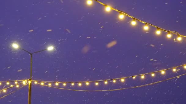 Snöflingor Flyger Över Himlen Mot Bakgrund Kransar Festliga Sagoljus Gatubelysning — Stockvideo