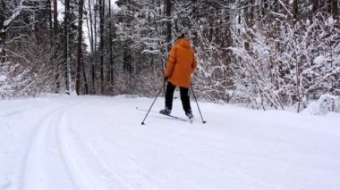 Kayakçı, kar yağışlı ormanda elinde kayak sopalarıyla şapka içinde kayak yapıyor. Kır ormanlarında kayak yapmak, açık hava sporları, sağlıklı yaşam tarzı. Yavaş çekim 4k video