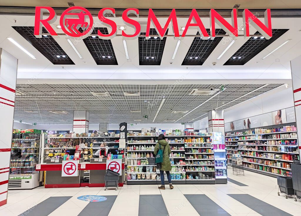 POLAND, BYDGOSZCZ - January 14, 2022: Rossmann Drogeria Parfumeria Cosmetic Shop. Signage of Germany's second-largest drug store chain