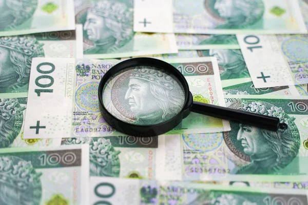 Background Money Polish Banknotes Magnifier 100 Zloty Cash — Foto de Stock