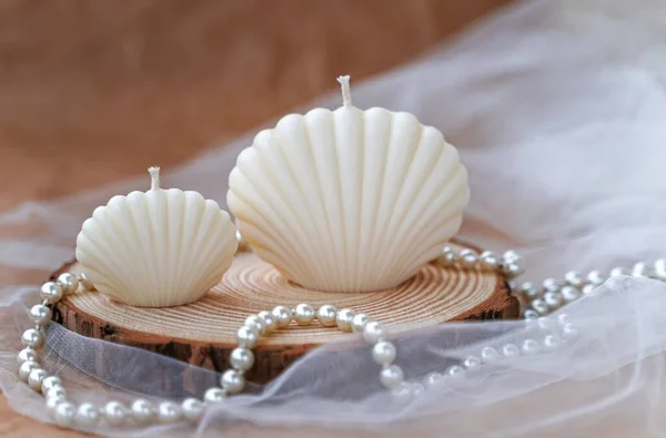 Handmade candles in the shape of a shell. Soy beige candles on wood, tulle and pearl background. Decor