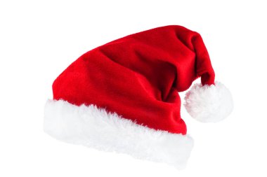 Beyaz arka planda izole edilmiş kırmızı tüylü Noel şapkası. Yeni Yıl