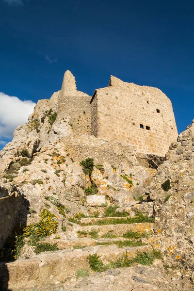 Zewnętrzne Mury Ruiny Zamku Queribus Cathar Aude France — Zdjęcie stockowe