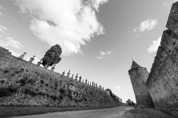 Carcassonne Ortaçağ Doğu Yakası Kuleleri Siyah Beyaz Duvarlar Manzarası — Stok fotoğraf