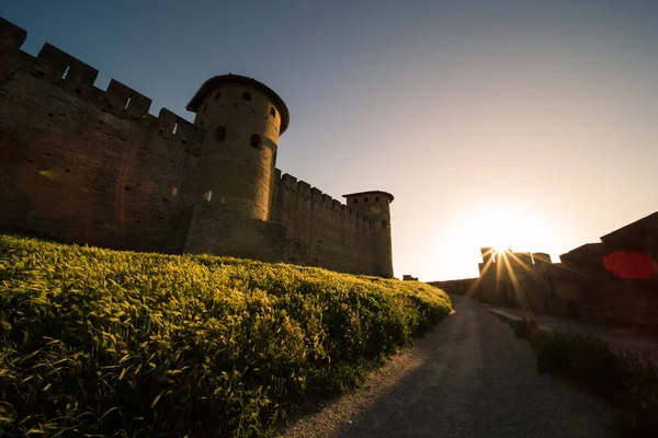 Utsikt Över Carcassonne Medeltida Citadel Northern Side Towers Battlements Vid — Stockfoto