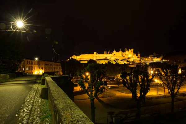 Ciudadela Medieval Carcasona Cite Mdivale Puente Iluminado Por Noche Con —  Fotos de Stock