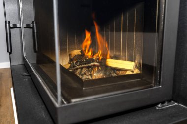 Modern bir şöminede yanan odunlar, kapalı bir yanma odası, oturma odasında duruyor, siyaha boyanmış, köşe camlı..