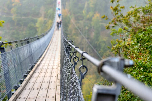 Ponte Madeira Suspensão Com Cordas Aço Sobre Uma Floresta Densa — Fotografia de Stock