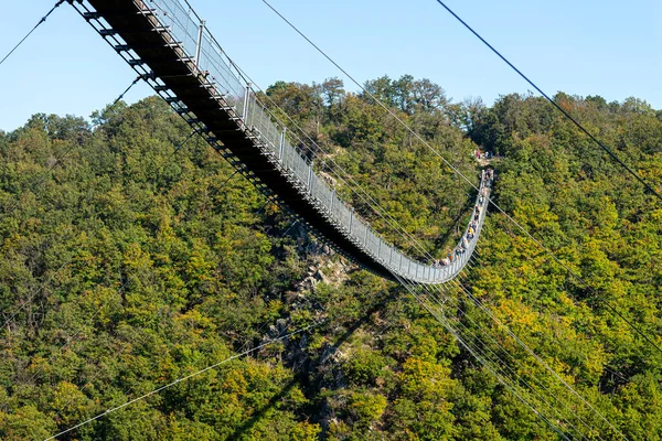 Puente Madera Colgante Con Cuerdas Acero Vistas Desde Lado Contra — Foto de Stock