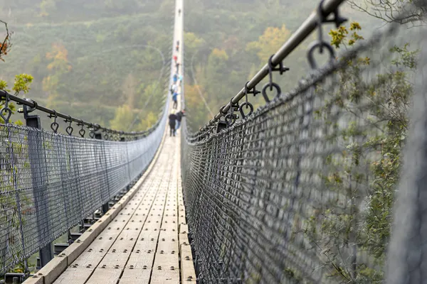 Suspensão Ponte Madeira Com Cordas Aço Sobre Uma Floresta Densa — Fotografia de Stock