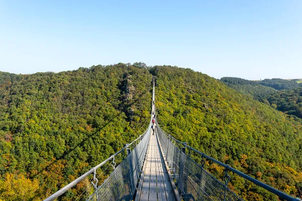 在西德茂密的森林上悬挂钢丝绳木桥 桥上可见游客 — 图库照片