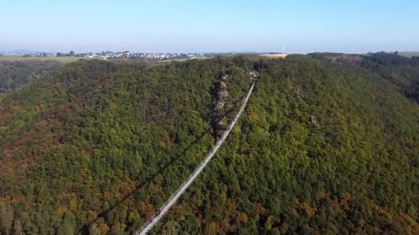 西ドイツの鬱蒼とした森の上に鋼のロープで吊られた木製の橋を飛ぶ無人機からのビデオ 橋の上を歩く可視観光客 — ストック動画