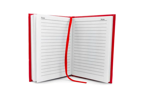 Open Standing Red Notebook Black Lines Ribbon Isolated White Background — Stock Photo, Image