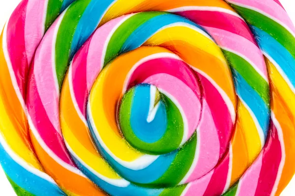 Uma Foto Macro Pirulito Colorido Doce Forma Uma Espiral Isolado — Fotografia de Stock