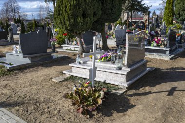 A small cemetery in the countryside with visible tombstones and a small, white wooden cross on a sunny day with a cloudy sky.