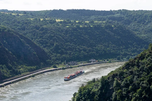 Loreley Germany July 2021 Large Barge Carrying Lot Containers Rhine — Stock Photo, Image