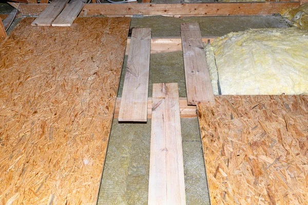 Unused Attic Made Roof Trusses Lined Mineral Wool Osb Boards — Stock Photo, Image