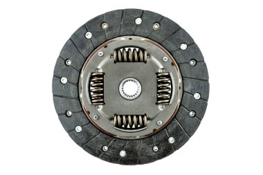 Sönümleyici yay ve sürtünme kaplamalı kullanılmış araba debriyajı, beyaz arka planda izole edilmiş, üst görünüm.