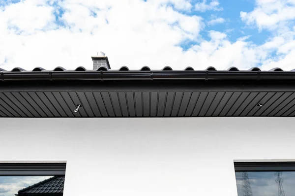 Modern Graphite Roof Lining Attached Trusses Visible Cables Holes Led — стокове фото