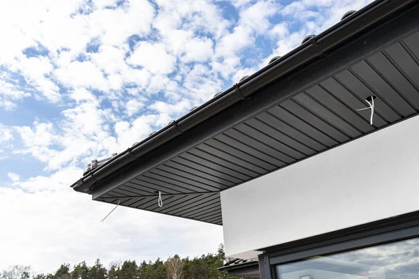 Modern Graphite Roof Lining Attached Trusses Visible Cables Holes Led — стокове фото