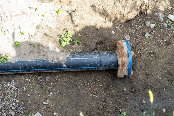 Closed End Plastic Water Pipe Lying Ditch High Groundwater Water — Stock Photo, Image
