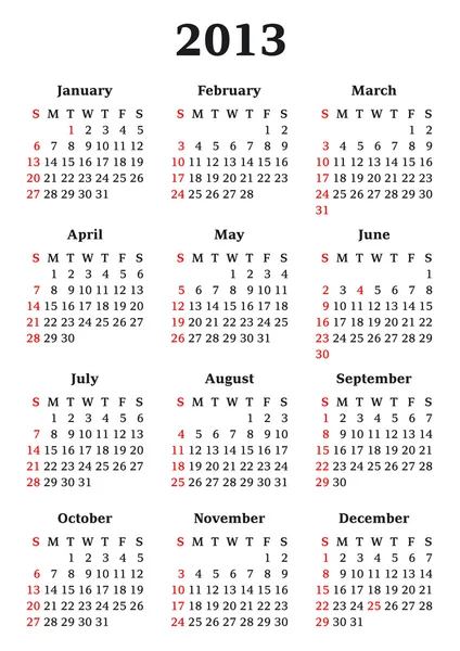 2013 yılı için Takvim şablonu