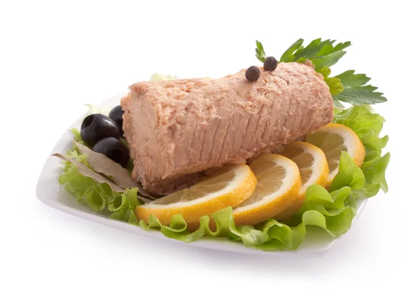 Composition with Canned Pink Salmon Steak — Stock Photo, Image