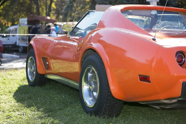 Voiture orange dans la prairie - vue à gauche — Photo