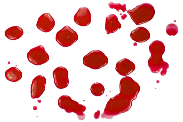 Glossy red liquid droplets (splatters) isolated on white. Clipping path available. — Stock Photo, Image