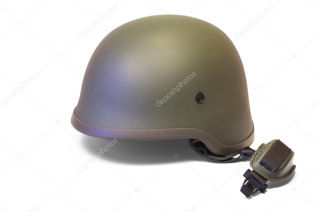 Military combat kevlar helmet with chin strap isolated on white